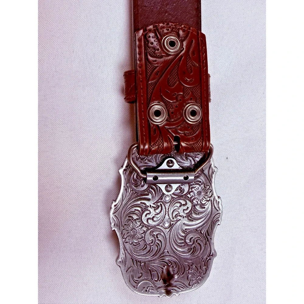 Western Leather Belt Longhorn Steer Skull Buckle Tooled Brown 36 37 USA